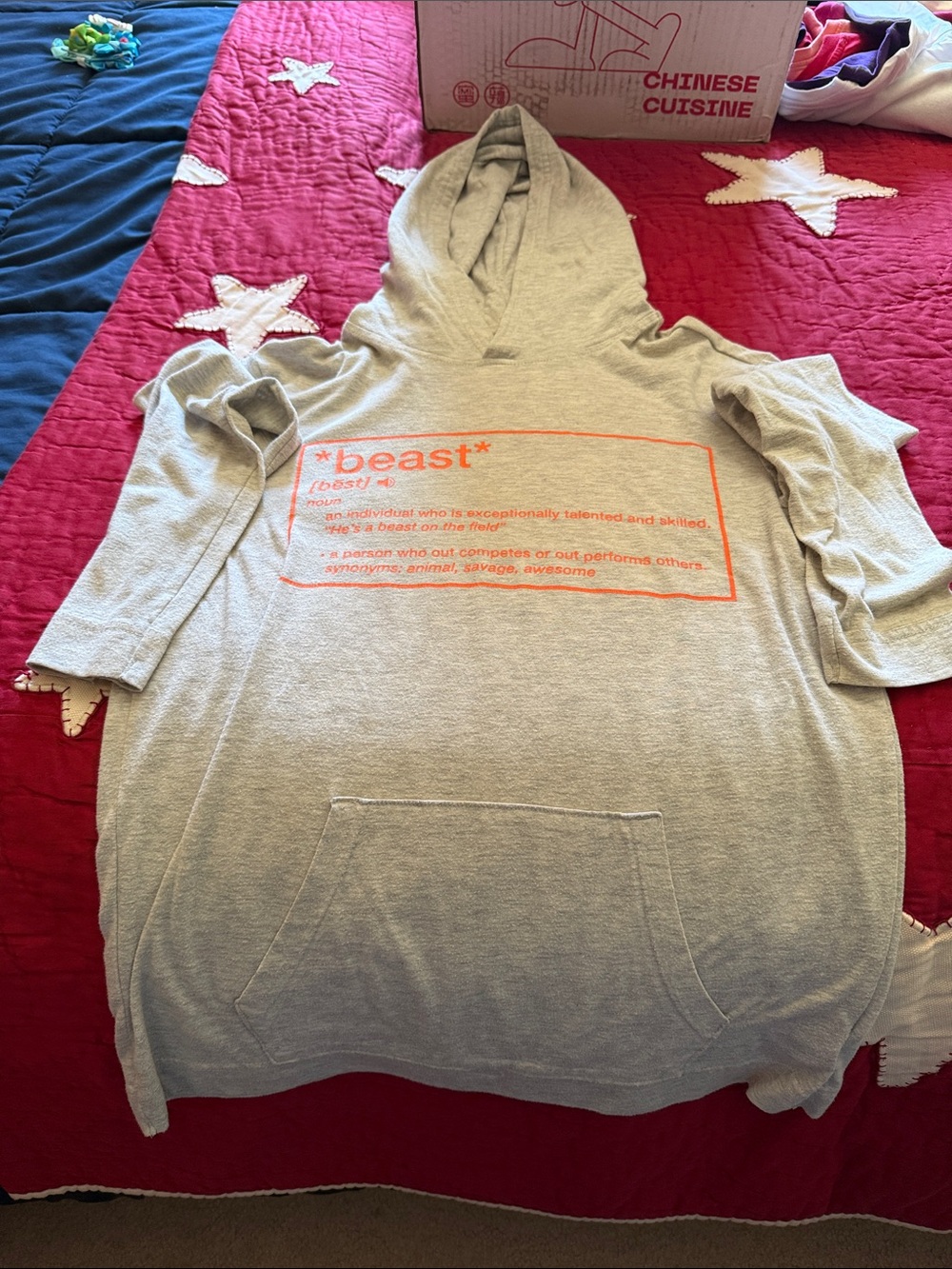 Old Navy Light Gray Hoodie Sweatshirt with Orange Graphic